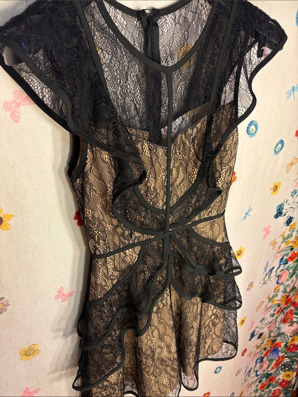 L’Atiste By Amy -Black Lace Mini Dress with Nude Lining - Feminine Ruffle Detail - Picture 2 of 10